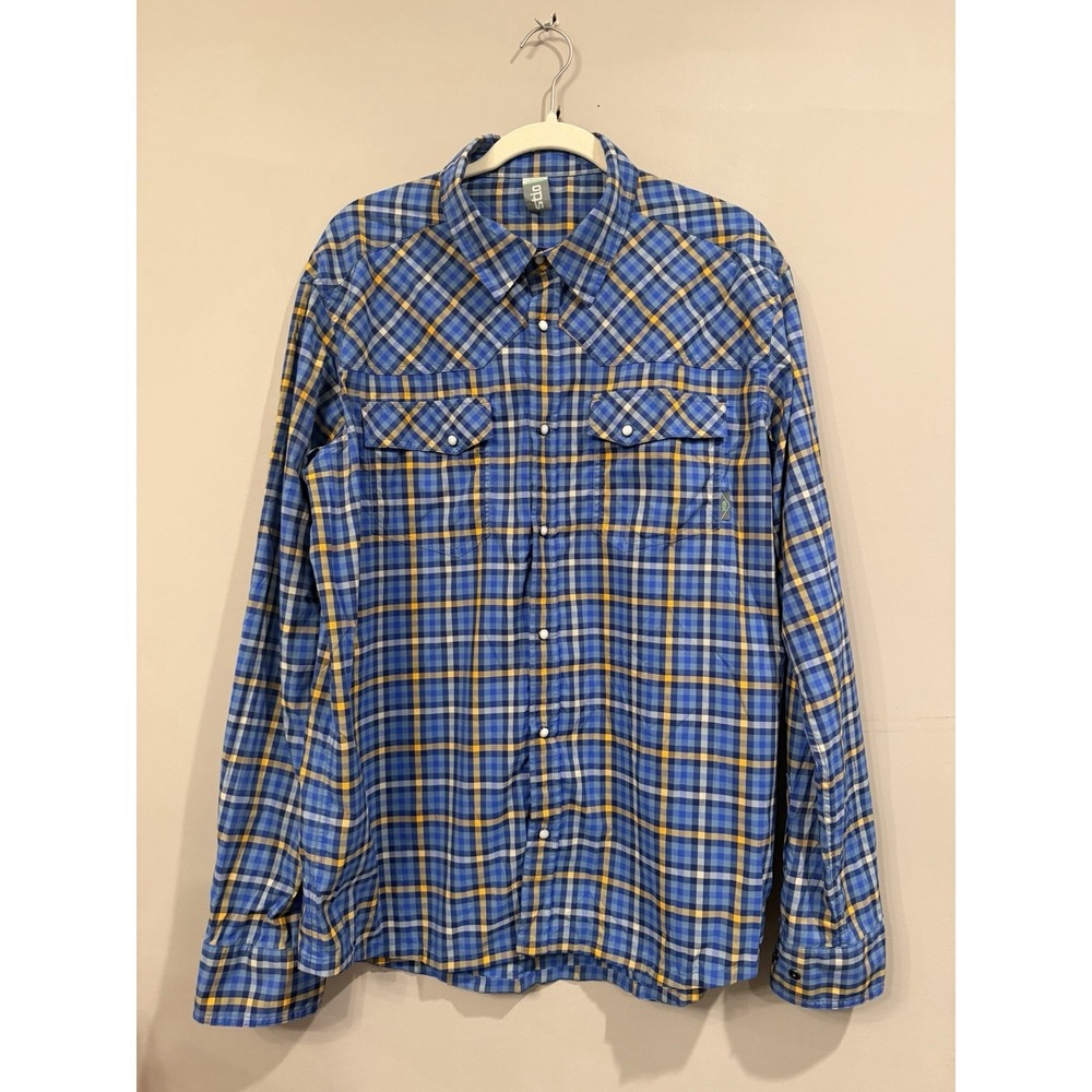 Stio Men's Blue Yellow Plaid Pearl Snap Button Up Large
